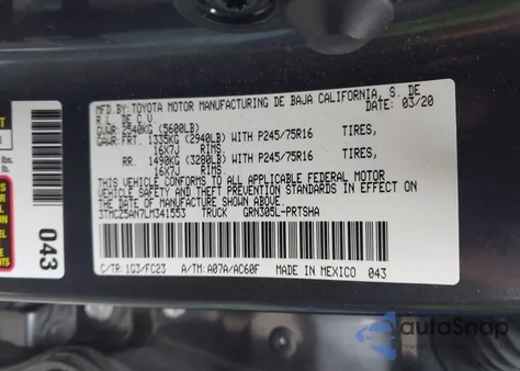 2020 Toyota Tacoma Sr5 V6 z USA, uszkodzony, nr VIN 3TMCZ5AN7LM341553